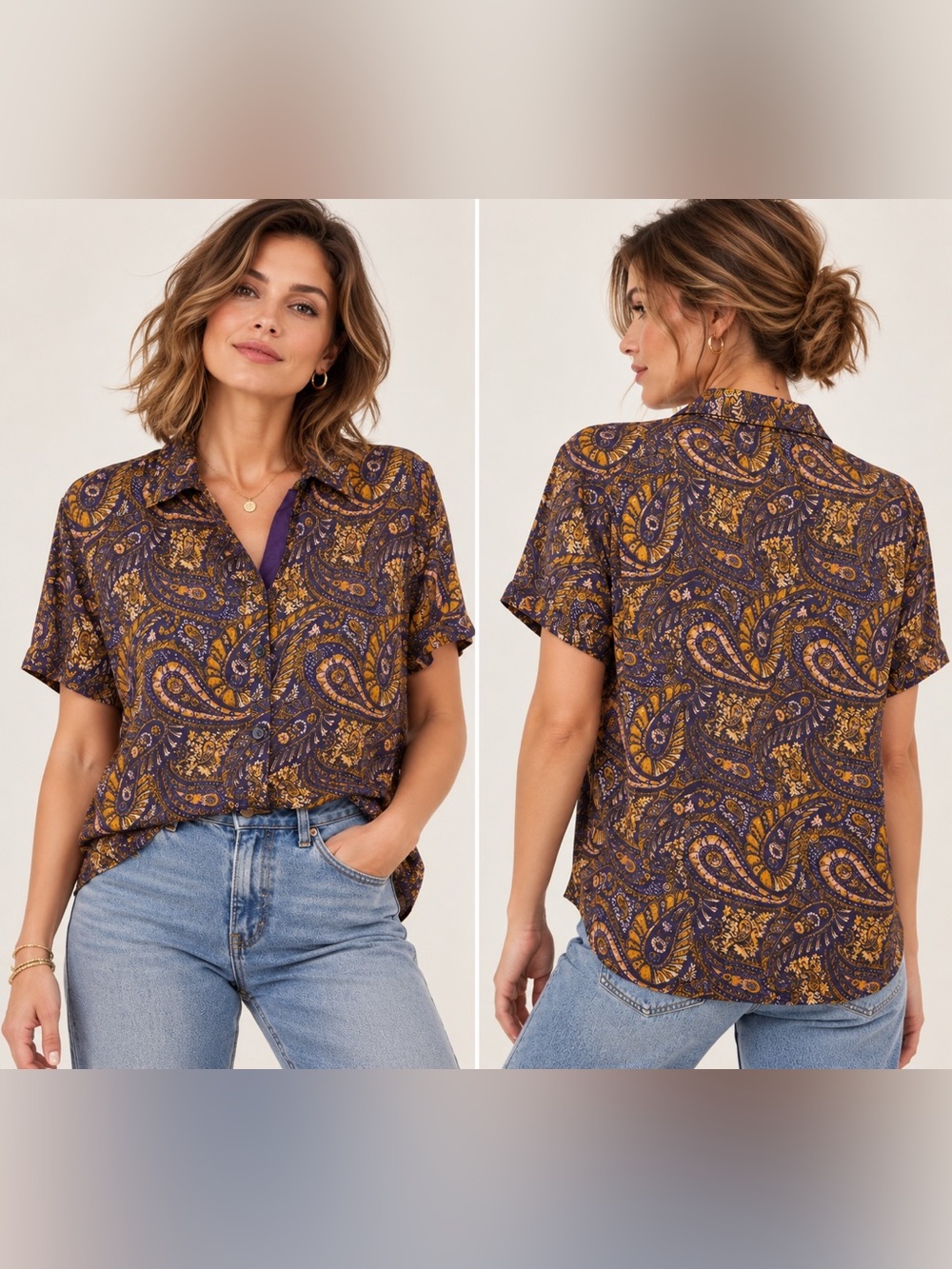 Urban Outfitters Purple and Gold Paisley Short-Sleeve Button-Down Size M